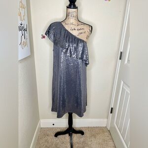 Kensie Sequin Asymmetrical Ruffle Popover Gray/Silver Sequins Dress Size XL